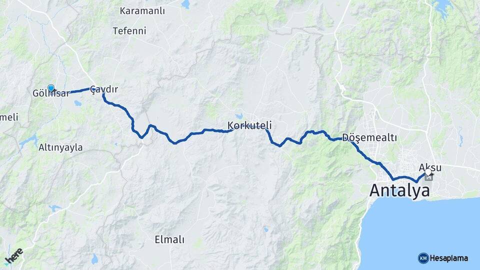 Burdur Gölhisar Antalya Havalimanı Arası Kaç Km - Yol Haritası