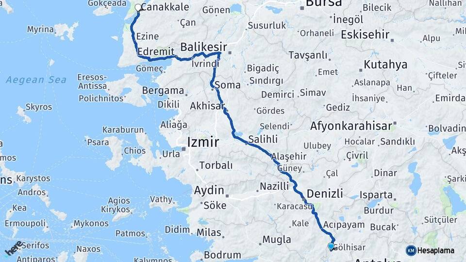 Burdur Gölhisar Çanakkale Arası Kaç Km - Yol Haritası