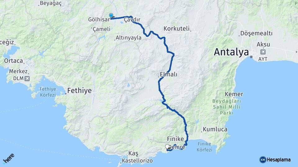Burdur Gölhisar Demre Antalya Arası Kaç Km - Yol Haritası