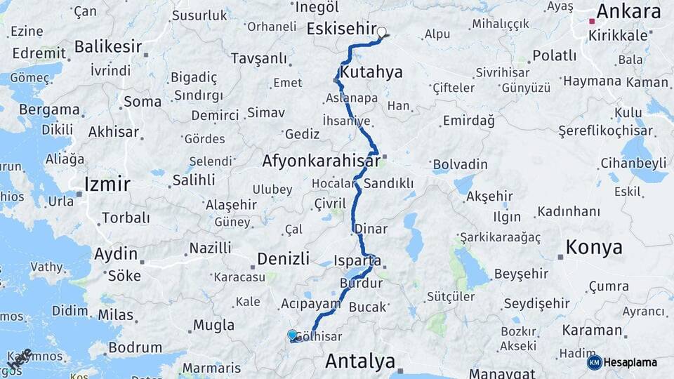 Burdur Gölhisar Eskişehir Arası Kaç Km - Yol Haritası