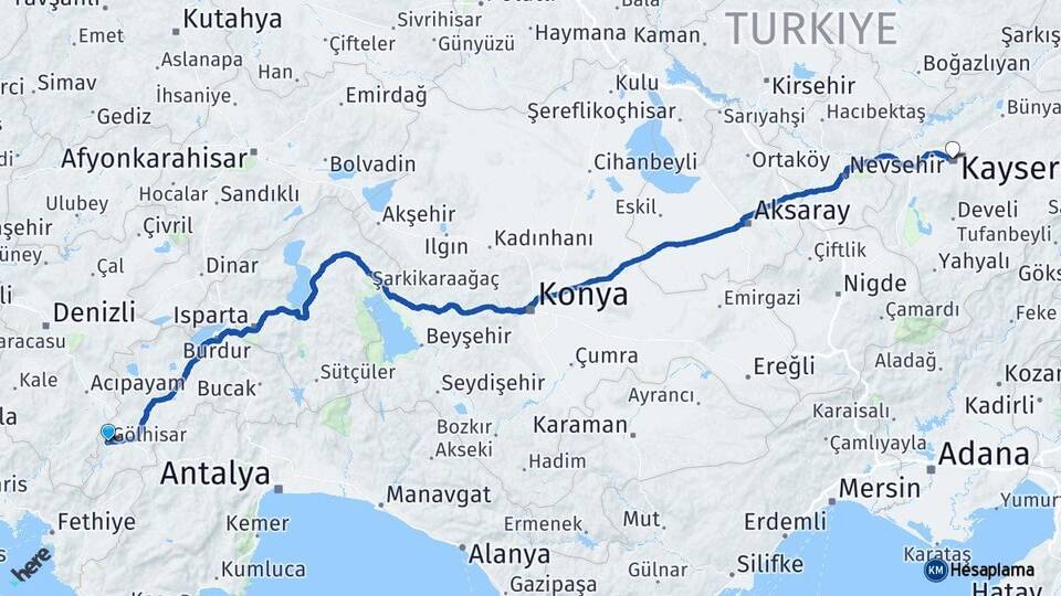 Burdur Gölhisar Kayseri Arası Kaç Km - Yol Haritası