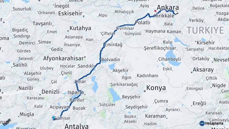 Burdur Gölhisar Kırıkkale Arası Kaç Km - Yol Haritası