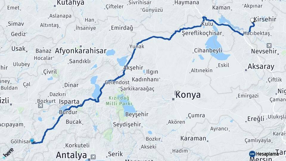 Burdur Gölhisar Kırşehir Arası Kaç Km - Yol Haritası