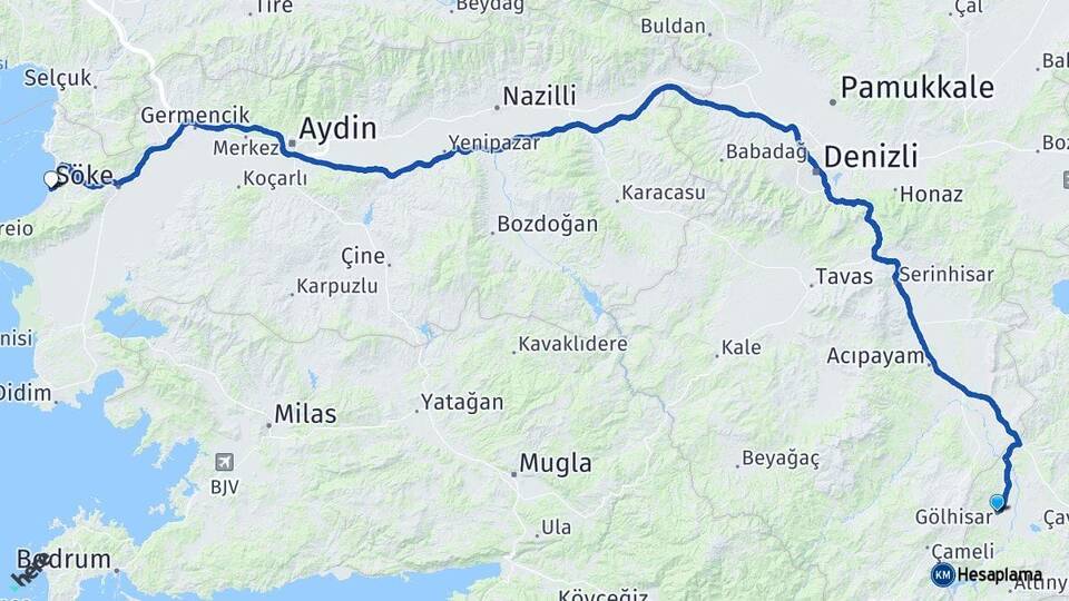 Burdur Gölhisar Kuşadası Aydın Arası Kaç Km - Yol Haritası