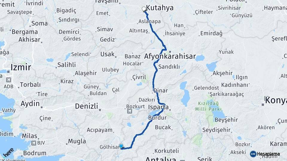 Burdur Gölhisar Kütahya Arası Kaç Km - Yol Haritası