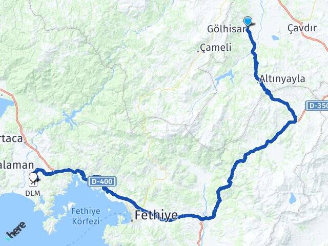 Burdur Gölhisar Muğla Dalaman Havalimanı Arası Kaç Km - Yol Haritası