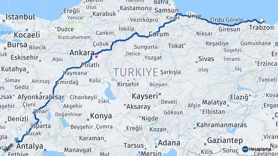 Burdur Gölhisar Trabzon Arası Kaç Km - Yol Haritası