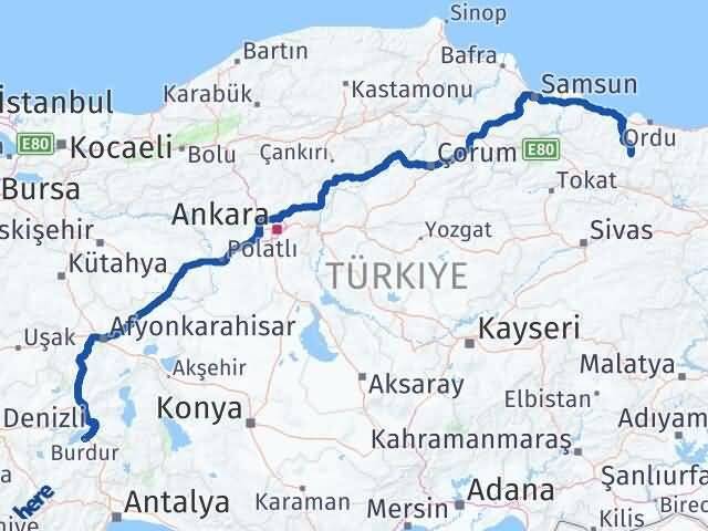 Burdur Gölköy Ordu Arası Kaç Km - Yol Haritası