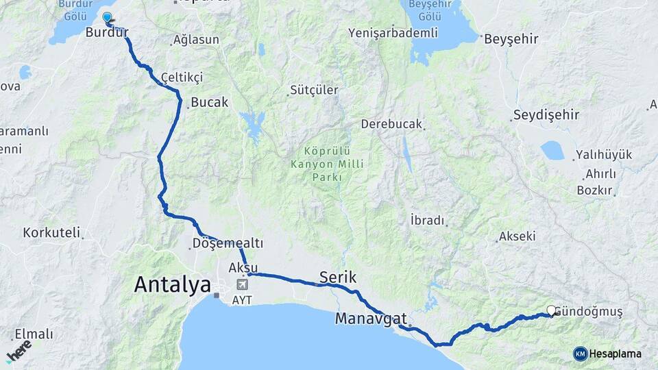 Burdur Gündoğmuş Antalya Arası Kaç Km - Yol Haritası