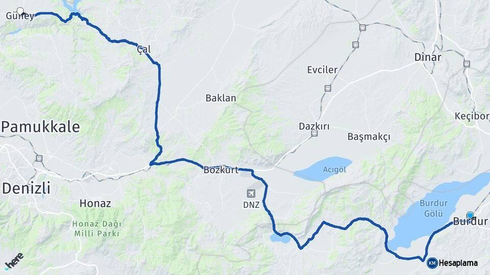 Burdur Güney Denizli Arası Kaç Km - Yol Haritası