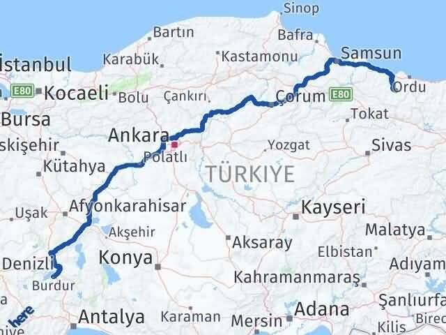 Burdur Gürgentepe Ordu Arası Kaç Km - Yol Haritası