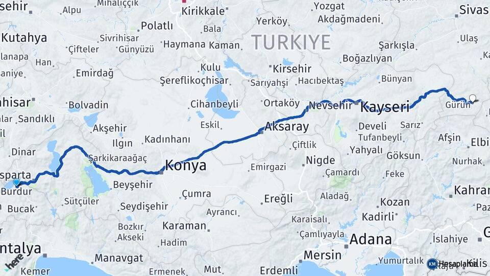 Burdur Gürün Sivas Arası Kaç Km - Yol Haritası