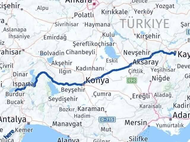 Burdur Hacılar Kayseri Arası Kaç Km - Yol Haritası