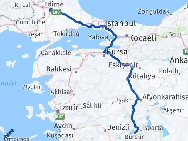 Burdur Havsa Edirne Arası Kaç Km - Yol Haritası