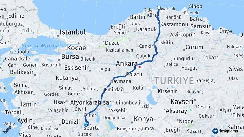 Burdur İnebolu Kastamonu Arası Kaç Km - Yol Haritası