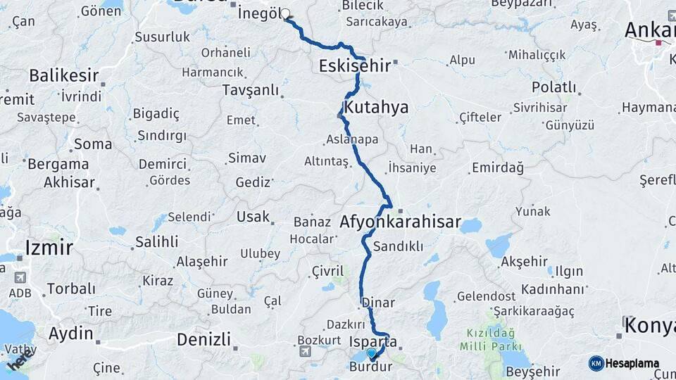 Burdur İnegöl Bursa Arası Kaç Km - Yol Haritası
