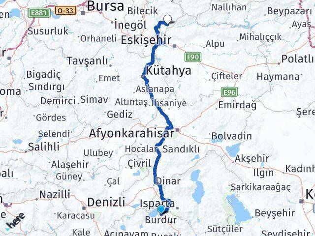 Burdur İnhisar Bilecik Arası Kaç Km - Yol Haritası