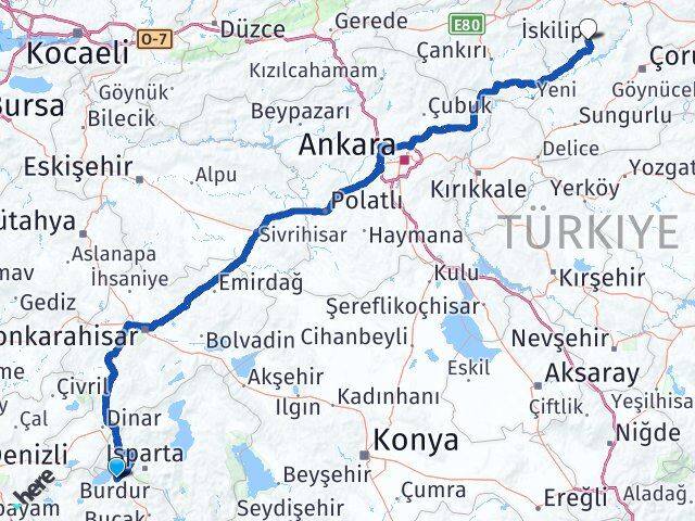 Burdur İskilip Çorum Arası Kaç Km - Yol Haritası