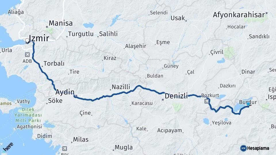 Burdur İzmir Arası Kaç Km - Yol Haritası