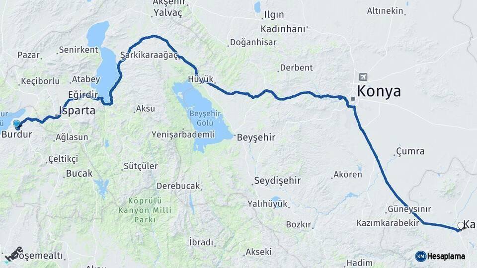 Burdur Karaman Arası Kaç Km - Yol Haritası