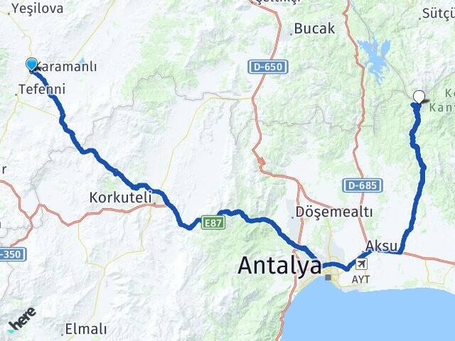 Burdur Karamanlı Haskızılören Serik Antalya Arası Kaç Km - Yol Haritası