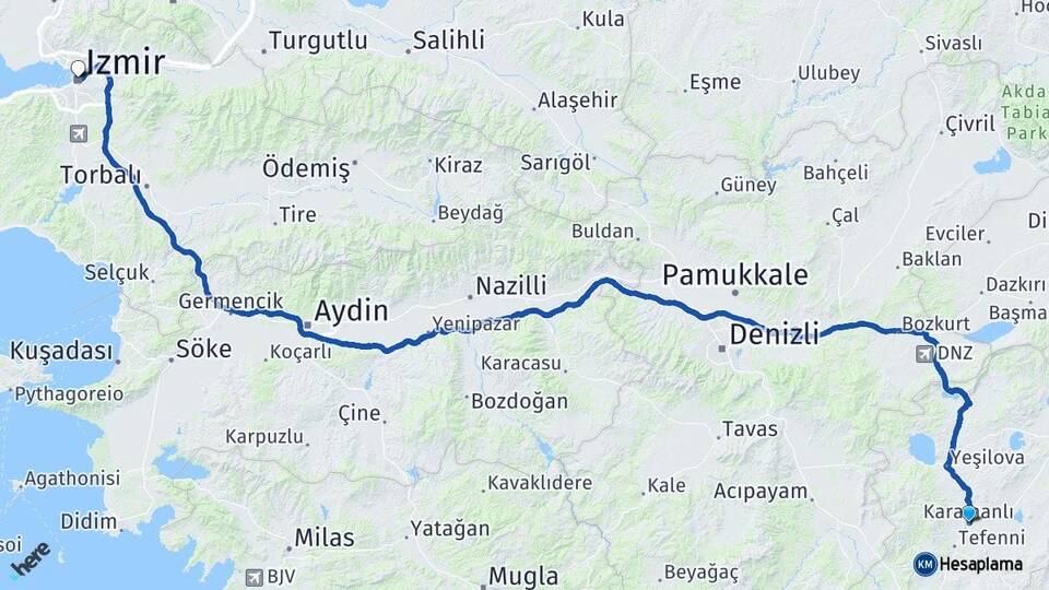 Burdur Karamanlı İzmir Arası Kaç Km - Yol Haritası