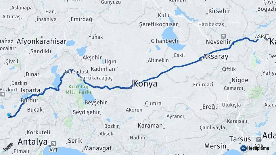 Burdur Karamanlı Kayseri Arası Kaç Km - Yol Haritası