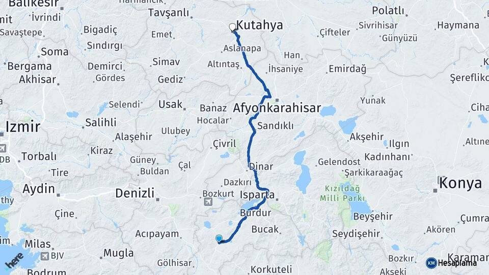 Burdur Karamanlı Kütahya Arası Kaç Km - Yol Haritası