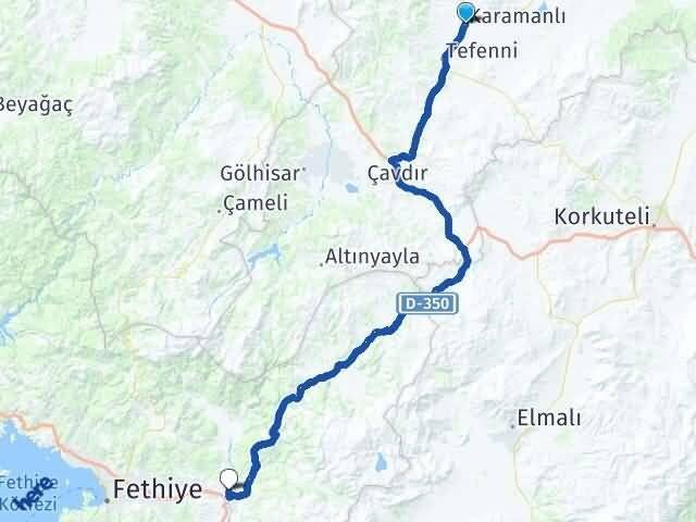 Burdur Karamanlı Seydikemer Muğla Arası Kaç Km - Yol Haritası
