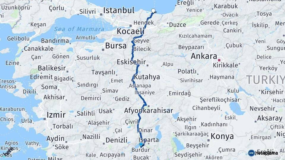 Burdur Karasu Sakarya Arası Kaç Km - Yol Haritası