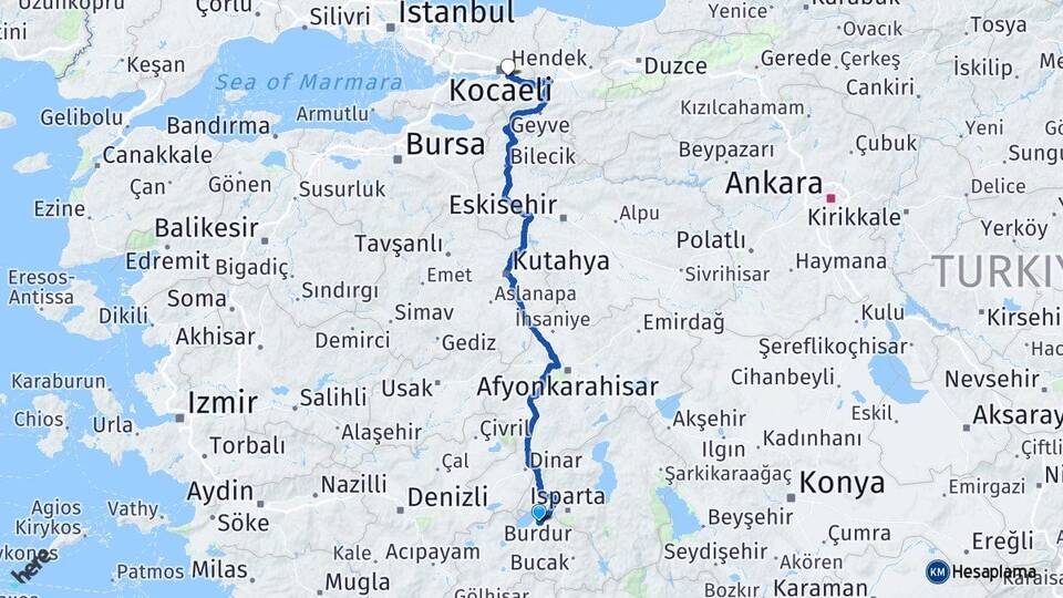 Burdur Kartepe Kocaeli Arası Kaç Km - Yol Haritası