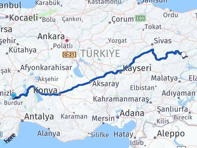 Burdur Kemaliye Erzincan Arası Kaç Km - Yol Haritası