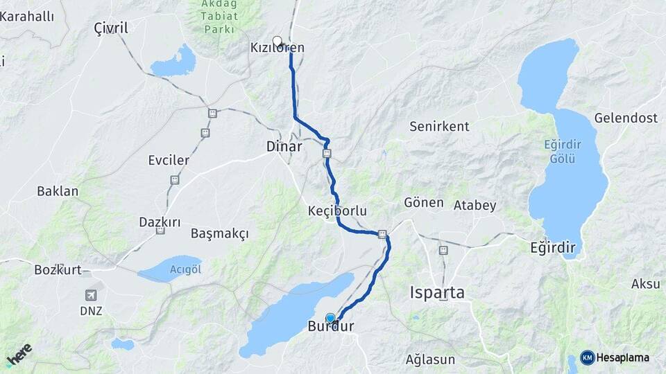 Burdur Kızılören Afyonkarahisar Arası Kaç Km - Yol Haritası