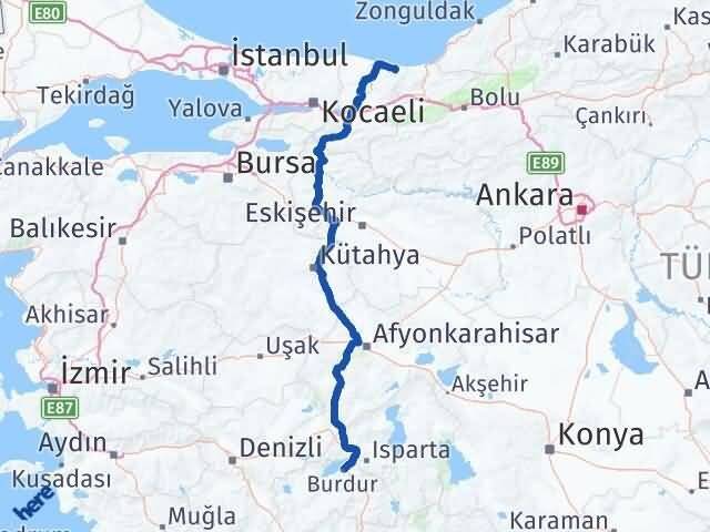 Burdur Kocaali Sakarya Arası Kaç Km - Yol Haritası