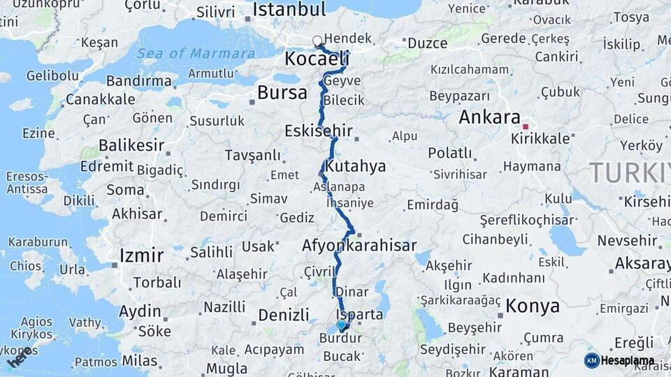 Burdur Kocaeli Arası Kaç Km - Yol Haritası