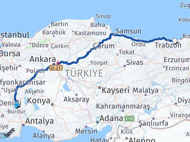 Burdur Köprübaşı Trabzon Arası Kaç Km - Yol Haritası