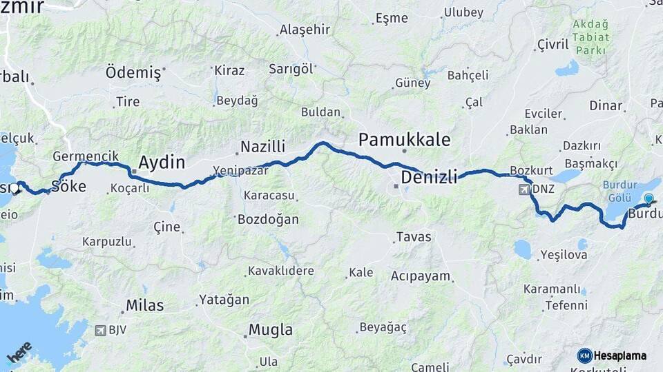 Burdur Kuşadası Aydın Arası Kaç Km - Yol Haritası