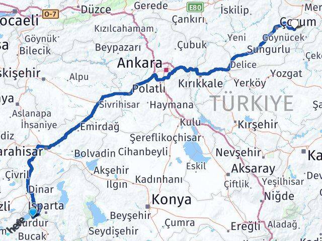 Burdur Mecitözü Çorum Arası Kaç Km - Yol Haritası
