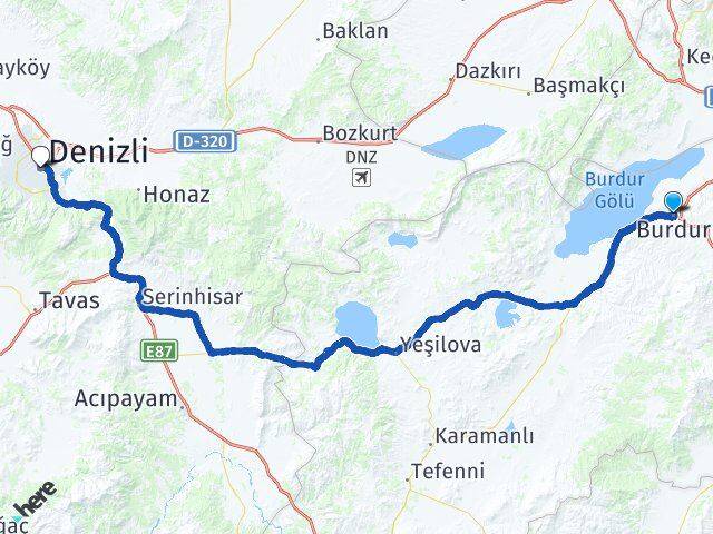 Burdur Merkezefendi Denizli Arası Kaç Km - Yol Haritası