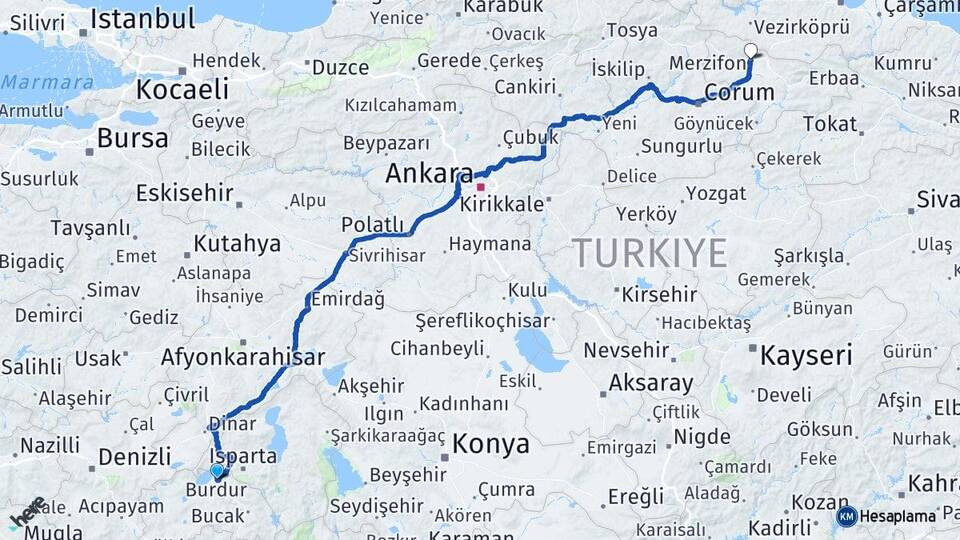 Burdur Merzifon Amasya Arası Kaç Km - Yol Haritası