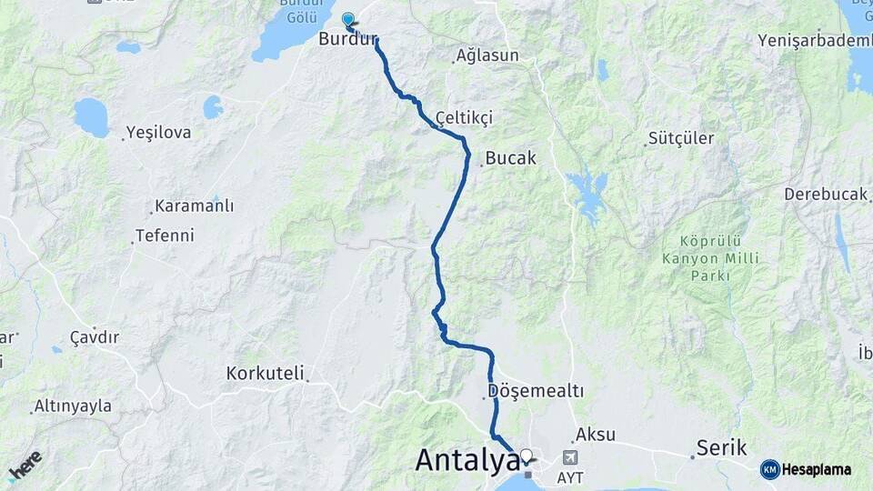 Burdur Muratpaşa Antalya Arası Kaç Km - Yol Haritası