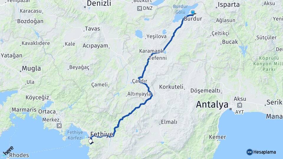 Burdur Ölüdeniz Fethiye Muğla Arası Kaç Km - Yol Haritası