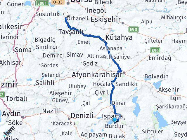 Burdur Orhaneli Bursa Arası Kaç Km - Yol Haritası