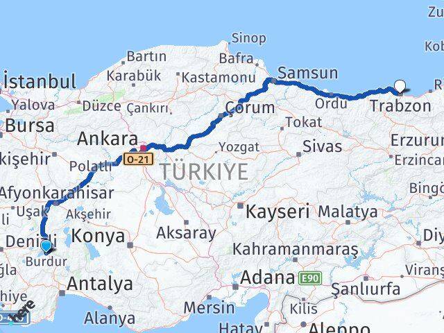 Burdur Ortahisar Trabzon Arası Kaç Km - Yol Haritası