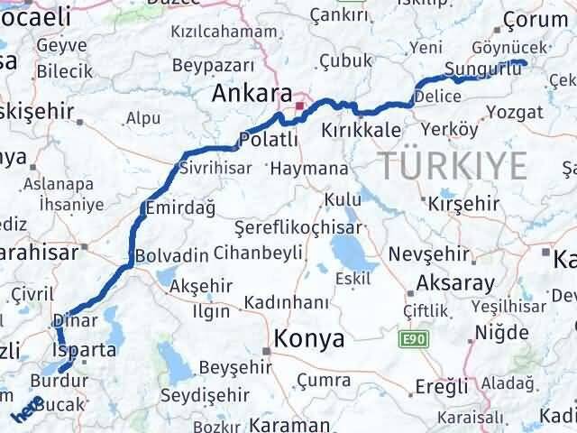 Burdur Ortaköy Çorum Arası Kaç Km - Yol Haritası