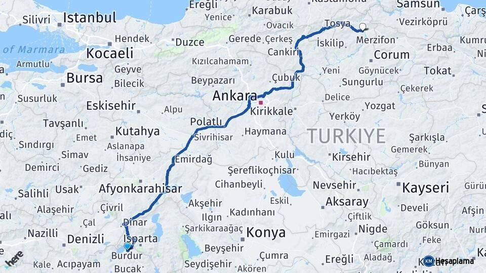 Burdur Osmancık Çorum Arası Kaç Km - Yol Haritası