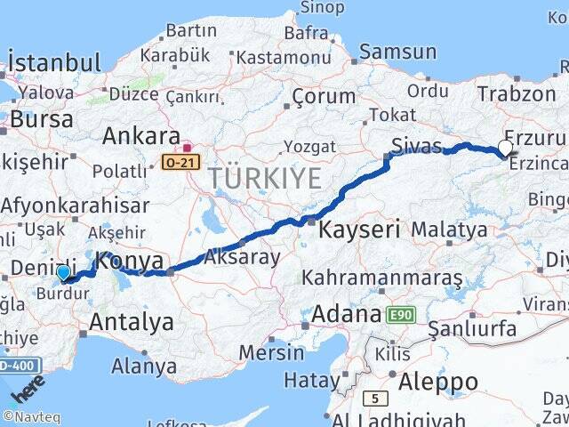 Burdur Otogarı Erzincan Arası Kaç Km - Yol Tarifi
