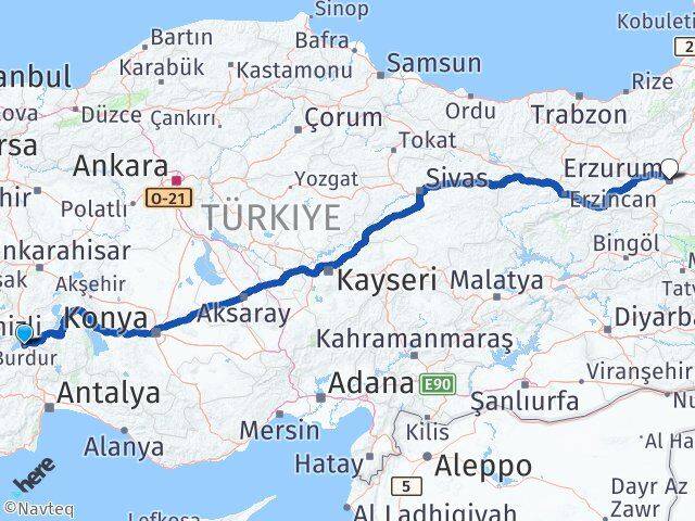 Burdur Palandöken Erzurum Arası Kaç Km - Yol Haritası