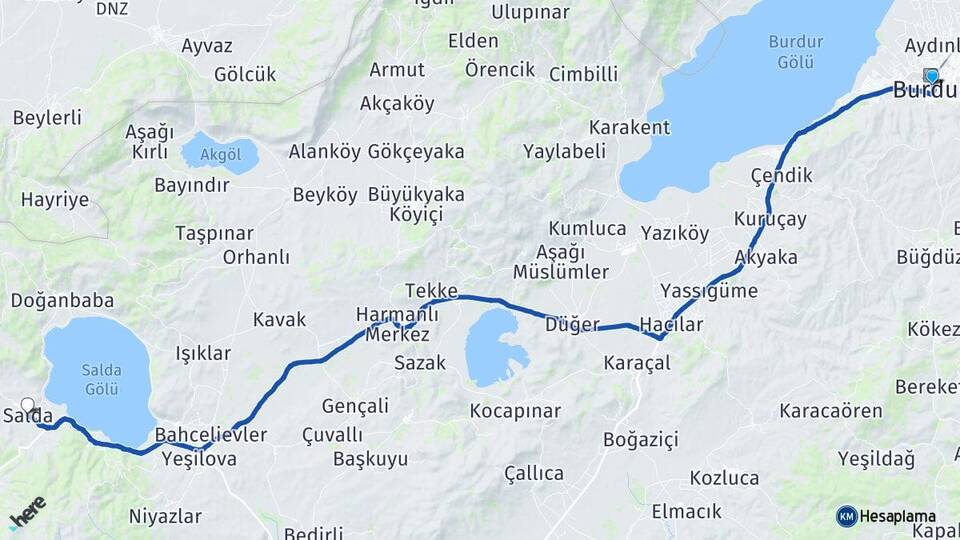 Burdur Salda Yeşilova Arası Kaç Km - Yol Haritası