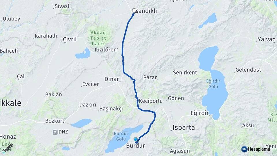 Burdur Sandıklı Afyonkarahisar Arası Kaç Km - Yol Haritası